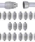 Pro Grade 180 Degree Liquid Tight Connectors Npt One Half Inch Double Ended Straight Splice Fittings For Electrical Flexible Conduit Non Metallic Pvc Ul Listed For Indoors And Outdoors Featuring Zero Screws No Sweat Tool Free Install Including Twenty grey fittings displayed, showcasing durable connectors for waterproof electrical installations.