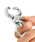 Close-up of Heavy Duty Swivel Snap Hooks 2.24 Inch Length With 360 Degree Tangle Free Swivel Pack Of 10 held between fingers.