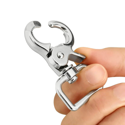 Close-up of Heavy Duty Swivel Snap Hooks 2.24 Inch Length With 360 Degree Tangle Free Swivel Pack Of 10 held between fingers.