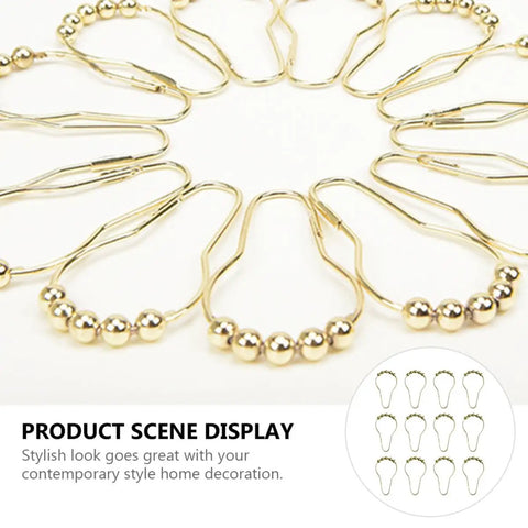 Gold Stainless Steel Shower Curtain Hooks Set Of 24 With 5 Bead Rollerball Design arranged in a circle view