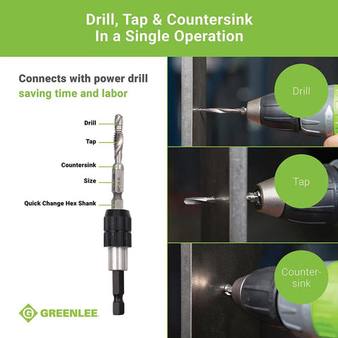 DTAPKIT drill/tap kit by Greenlee for metal with quick-change hex shank; drill, tap, countersink (6-32 to 1/4-20)