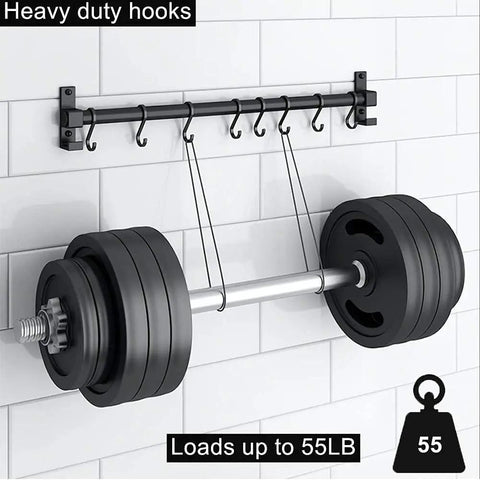 Heavy Duty S Shaped Hooks Matte Black 20 Pack For Hanging Pots And Pans, Plants, Cups, Clothes, Towels In Kitchen, Bedroom, Office, Garden And Bathroom Rust Resistant Aluminum Hooks Workhorse Strength Lightweight Yet Ultra Strong displayed with barbell on a wall