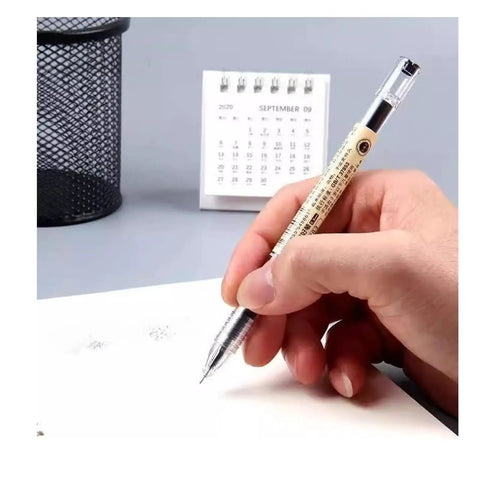 Hand using Gel Ink Pen Extra Fine Point 0.35mm Ballpoint Black for office, school, and home use, smooth writing on paper
