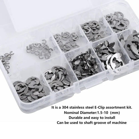 304 Stainless Steel E Clip Snap Ring Set 200 Pcs Kit With 20 Sizes From 1.5mm To 10mm in clear storage case