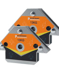Powerful Welding Magnets Set 2 Pieces For 45 90 135 Degree Angles Heavy Duty magnetic tools in use, holding metals securely.