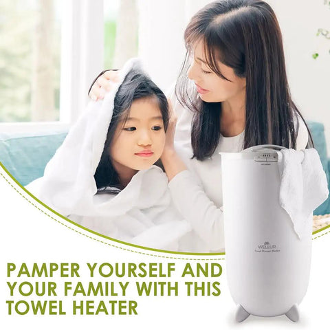 Mother and daughter with Extra Large Towel Warmer Bucket For Two Towels Robes And Blankets Heats Towels Inside And Out With Built In Timer