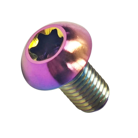 Close-up of a colorful titanium bolt, Set Of 4 Titanium M5 X 12mm Water Bottle Cage Bolts For MTB Bikes Colorful 6Al4V Grade 5.