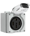 50 Amp NEMA 14-50R Outdoor Receptacle Box Weatherproof Power Outlet, open cover view, 125/250V ETL Listed 3-Pole 4-Wire Grounded