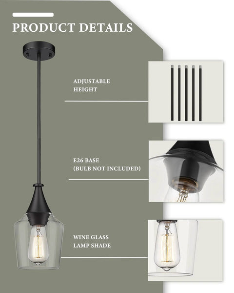 2 Pack Black Pendant Light Set With Wine Glass Shade, Modern Hanging Ceiling Fixtures, Adjustable Height, E26 Base Details