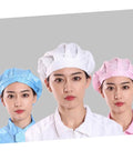 Three women wearing different colored mesh work caps including hot pink, blue, and white for electronics factory protection.
