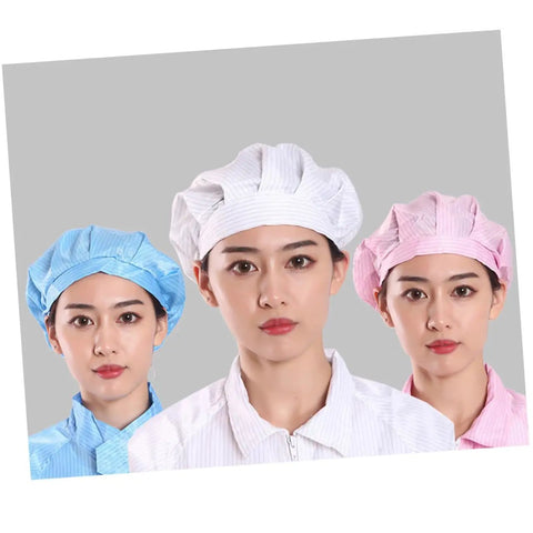 Three women wearing different colored mesh work caps including hot pink, blue, and white for electronics factory protection.