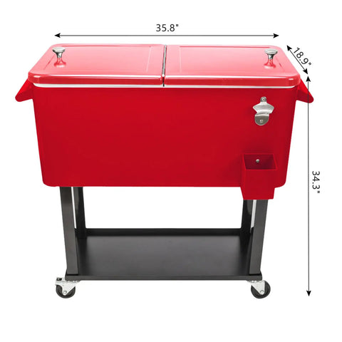 80 Quart Rolling Cooler Cart With Locking Wheels, Party Ready Beverage Bar Cart For Patio And Backyard Get Togethers, Stand Up Ice Chest On Wheels With Storage Shelf And Bottle Opener, Keeps Ice Up To 48 Hours.