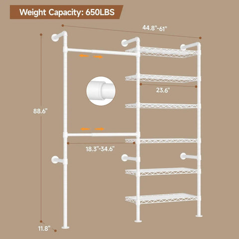 Wall Mounted Garment Rack and Closet System With Two Expandable Rods Six Adjustable Shelves Industrial Pipe Style Metal Shelving in White Heavy Duty Walk In Closet Organizer Easy Install Durable Clothes Storage Solution dimensions shown
