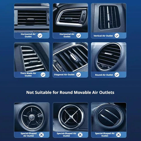 Rugged Car Vent USB Fan Built Specifically For Tesla Cybertruck Crew Chasing Top Tier Airflow And Super Quiet Cooling To Stay Frosty In Hot Summers, showcasing various compatible air outlet types.