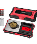 Portable Digital Pocket Scale With 200g Capacity And 0.01g Readability on with tray, LCD display, batteries, and container