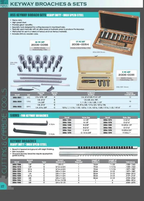 Keyway broach sets display with product sizes and details for heavy duty high speed steel tools for machinists and DIYers.