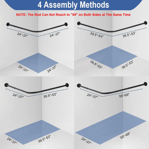 Rock Solid Black Corner Shower Curtain Rod, Adjustable 24 To 53 Inches, L Shaped 90 Degree With Ceiling Support, Includes 12 Ring Hooks, No Slip Installation For A Strong Bathroom Upgrade. 4 assembly methods shown