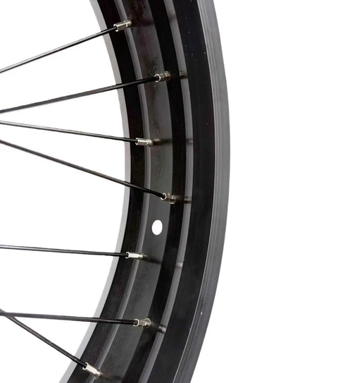 Close-up of Beefy Fat Bike Front Wheel 20x4.0 with double wall alloy rim and 36x13G stainless steel spokes, disc brake only.