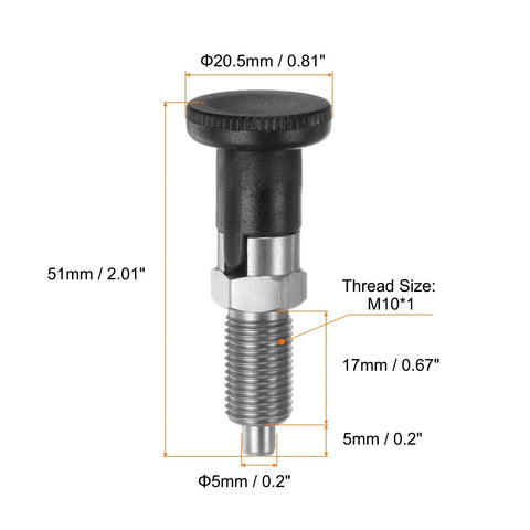 Rock Solid Stainless Steel Push Fit Ball Nose Spring Plunger M10x1 Thread; 51mm long, with black knob for secure gripping.