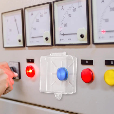 Protective Cover For Push Start And Emergency Stop Buttons For Industrial Control Panels And Home Gear Heavy Duty Plastic That Shrugs Off Dust Built Up Clear Window For Easy Visual Monitoring on blue button
