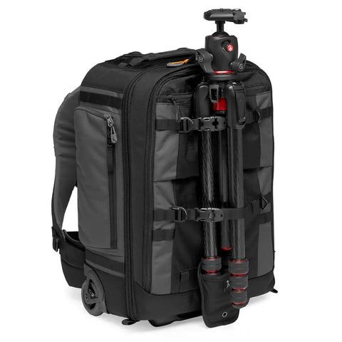 Pro Trekker RLX 450 AW II 28L Camera Roller Backpack with attached tripod, showing padded straps and roller feature, carry-on size