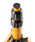 Close-up of the adjustable telescopic mechanism on bright yellow metal archery target stand for backyard practice, fits foam and straw targets.