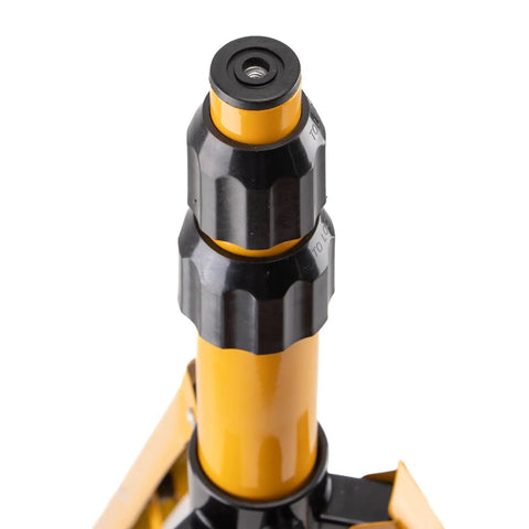 Close-up of the adjustable telescopic mechanism on bright yellow metal archery target stand for backyard practice, fits foam and straw targets.