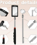 Five Piece Telescoping Inspection Mirror Set with round stainless steel mirrors, 360 degree rotation, long handle, and adjustable angles.