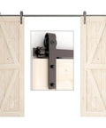 5.5 Foot Sliding Barn Door Hardware Kit Heavy Duty Track For Double Wood Doors Smooth Quiet Operation Easy To Install J Shape Hangers With Nylon Wheels Protect Track Surface And Deliver Ultra Smooth Glide, installed view