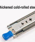 Full Extension Ball Bearing Drawer Runners With Soft Close Cabinet Slides showing thickened cold-rolled steel material and blue handle.