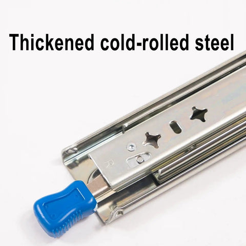 Full Extension Ball Bearing Drawer Runners With Soft Close Cabinet Slides showing thickened cold-rolled steel material and blue handle.