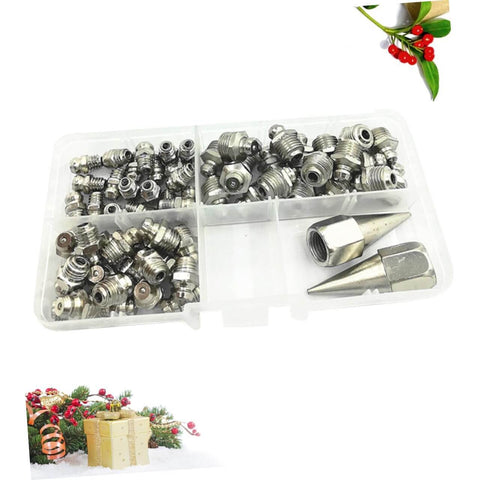 One Stop Grease Fitting Kit With Assorted Nozzles And Grease Gun Attachments For Bearings And Recessed Fittings in plastic case