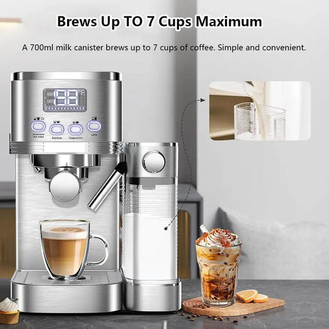 Top Shelf 20 Bar Espresso Machine With Built In Milk Frother And Three Speed Temperature Control Makes Buttercream Cappuccinos And Silky Lattes Houses A Big Water Tank And Slim Milk Reservoir Pull Pro Grade Shots Any Day Without Missing A Beat with 700ml milk canister brewing coffee.