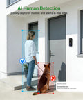 Person with dog at door monitored by 1080p Wireless Outdoor Dome Security Camera With Night Vision And Two Way Audio Smart AI Human Detection For Real Time Live View Battery Powered 2.4GHz WiFi Only Cloud Storage Sold Separately