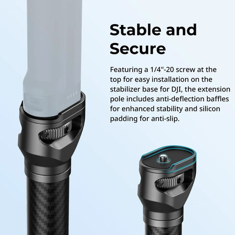 Game Changing Carbon Fiber Gimbal Extension Pole For Dji Rs Stabilizers showing secure adapter connection and rubber grip details.