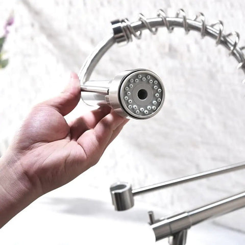 Kitchen Faucet with Pull Down Sprayer, Commercial Spring Single Handle Stainless Steel Sink Faucet, spray head detail in hand