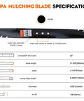 Diagram and specifications of Mulching Blade Set For Toro 22 Inch Recycler Lawn Mower And Lawn Tractor Deck Mulcher Replacement 131-4547-03 108-9764-03 Circle Hole Mount Blade Pack Of 1.