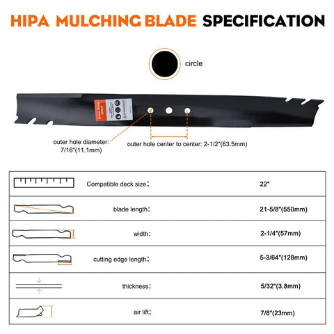 Diagram and specifications of Mulching Blade Set For Toro 22 Inch Recycler Lawn Mower And Lawn Tractor Deck Mulcher Replacement 131-4547-03 108-9764-03 Circle Hole Mount Blade Pack Of 1.