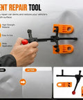 Do It Yourself Paintless Dent Removal Kit With Adjustable Puller Tool Plus 2 Orange Pads in use on car dent, before and after view
