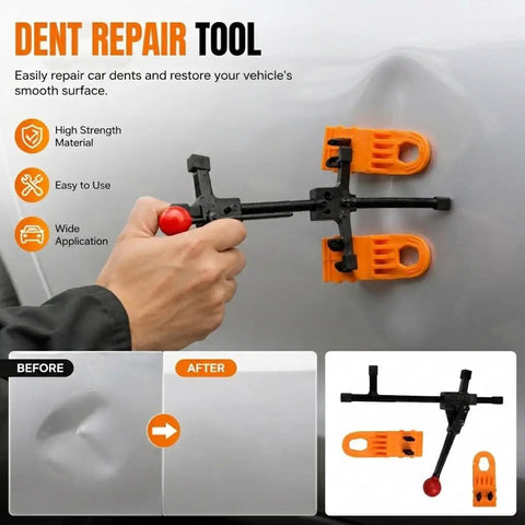 Do It Yourself Paintless Dent Removal Kit With Adjustable Puller Tool Plus 2 Orange Pads in use on car dent, before and after view