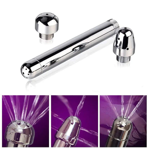 Dual Shower Head Enema System With Aluminum Nozzles, 130 mm length, silver finish, showing flushing spray from nozzles.