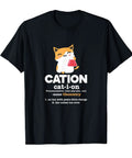 Black tee with cat graphic and chemistry definition, text reads: CATION, ideal for science enthusiasts and lab lovers.