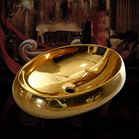 Heavy Duty Ceramic Vessel Sink For Modern Bathrooms With Included Faucet Dope Gold Oval Basin, slick finish and no overflow.