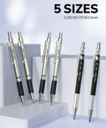 Display of Metal Mechanical Pencil Set With Case, Six Pencils From 0.3mm To 2.0mm Plus 552 Lead Refills, Erasers And Sharpeners on podiums.
