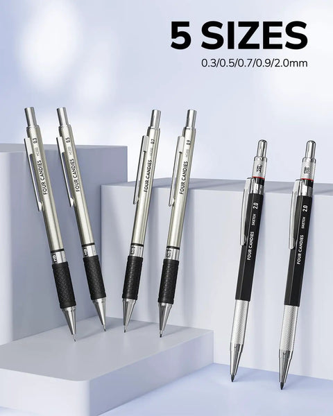 Display of Metal Mechanical Pencil Set With Case, Six Pencils From 0.3mm To 2.0mm Plus 552 Lead Refills, Erasers And Sharpeners on podiums.