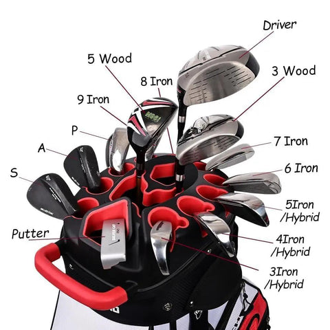 Badass White Golf Cart Bag Featuring T Lock Quiet Top Technology, showing 14 way dividers with a variety of golf clubs organized.