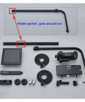 RIBEUJIZS Digital Shower System parts layout, featuring black thermostatic faucets, rainfall head, and accessories.