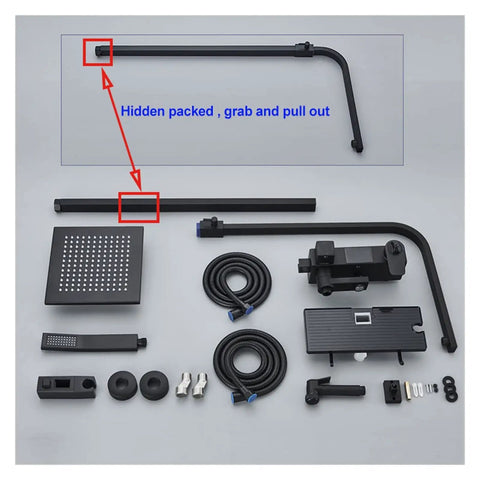 RIBEUJIZS Digital Shower System parts layout, featuring black thermostatic faucets, rainfall head, and accessories.