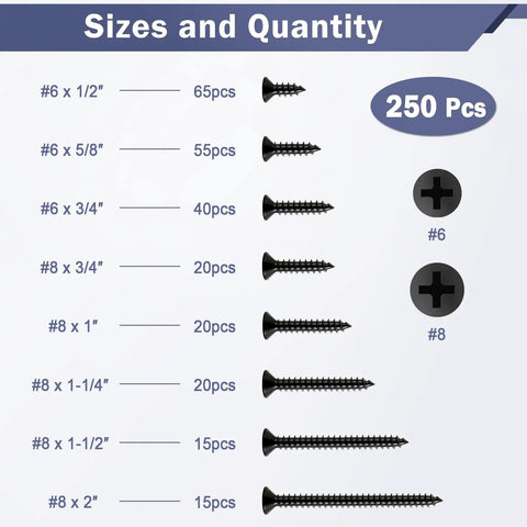 Premium Black Wood Screws Assortment Kit 250 Piece Heavy Duty Carbon Steel Fasteners for various screw sizes and quantities.