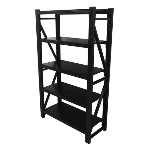 Heavy Duty Multi Tier Storage Rack And Adjustable Metal Shelving Unit For Garage Organization Built Tough With Rock Solid Modular Frame Quick No Sweat Setup Handles 1800 Pounds, five-tier black steel shelving unit.